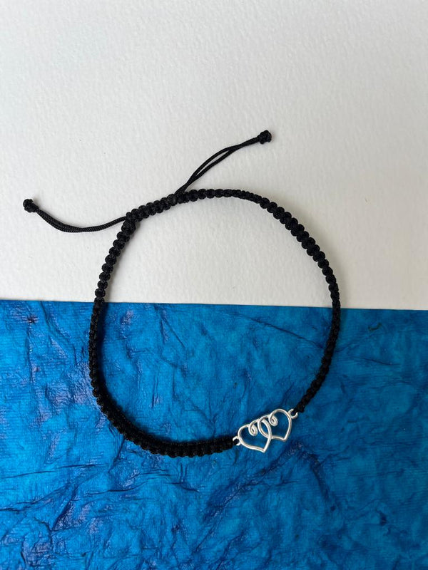 Black Thread Tribal Inspired Anklet With 925 Sterling Silver Dual Heart Charms