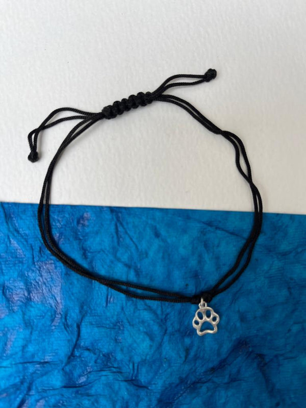 Black Thread Tribal Inspired Anklet With 925 Sterling Silver Paw Charms