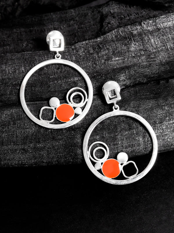 925 Sterling Silver Lightweight Geometric Hoops Earrings with Orange Enamel