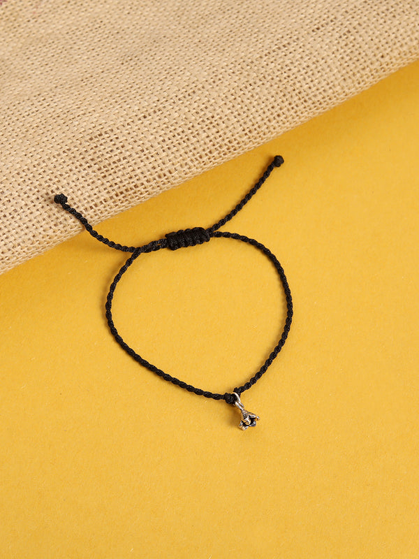 Black Twisted Thread Tribal Inspired Anklet With 925 Sterling Silver Flower Charms