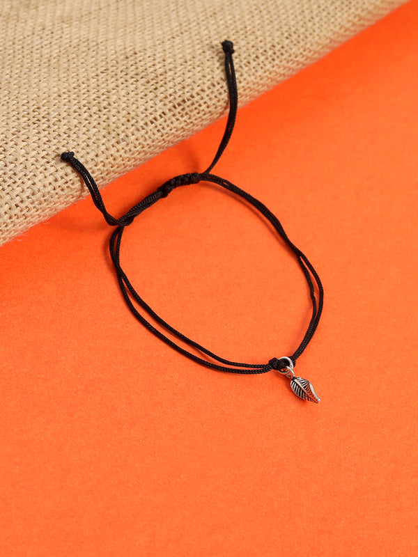 Black Thread Tribal Inspired Anklet With 925 Sterling Silver Leaf Charms