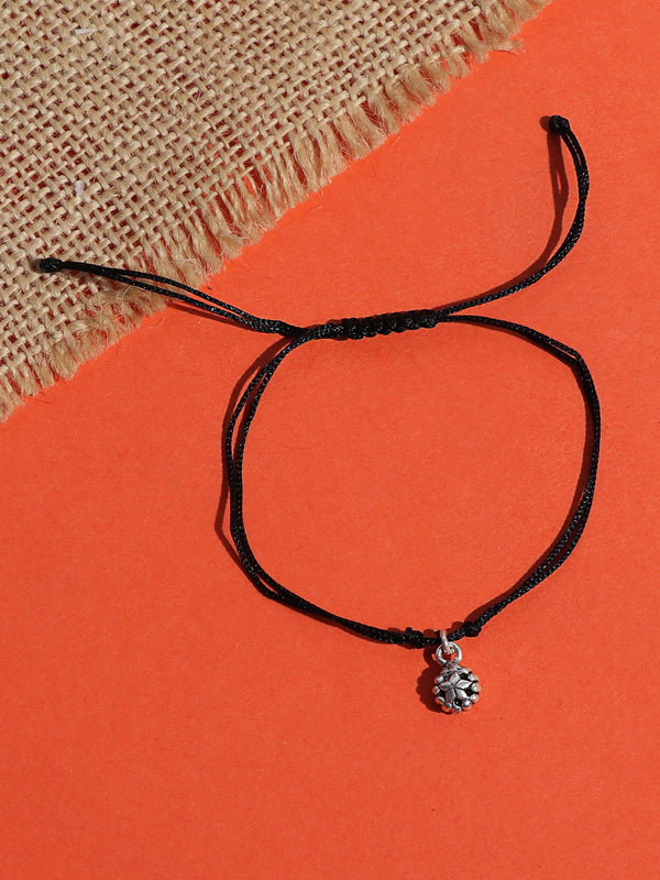 Black Thread Tribal Inspired Anklet With 925 Sterling Silver Floral Round Charms