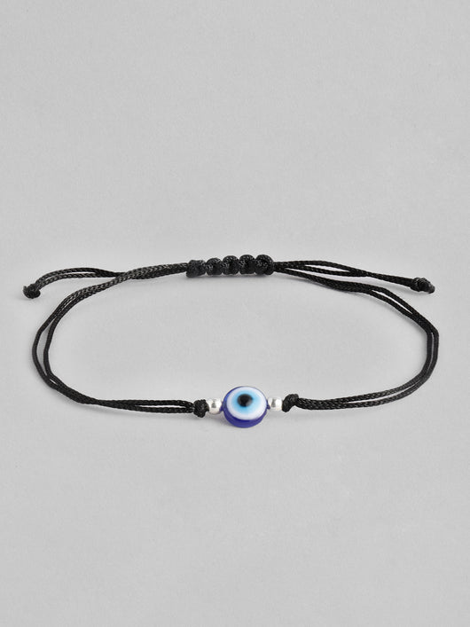 925 Sterling Silver Beads Evil Eye Black Thread Anklet- Dark Blue –