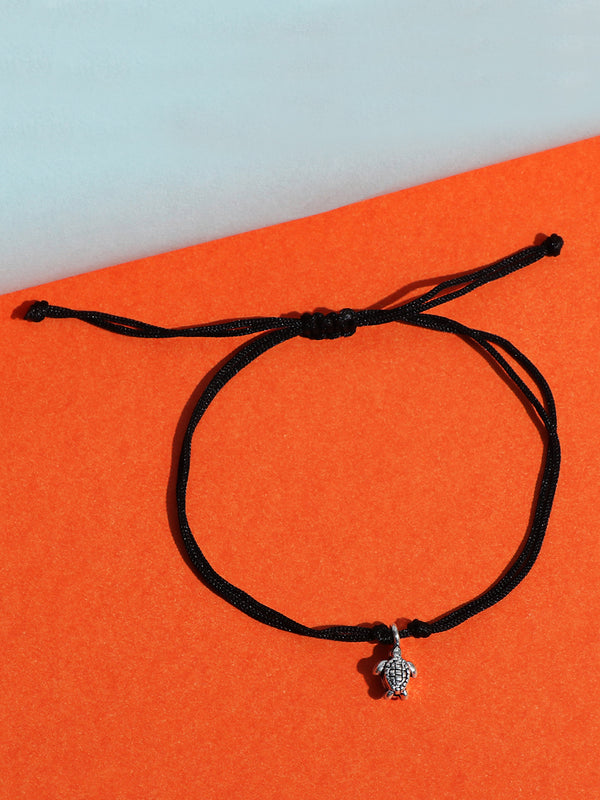 Black Thread Tribal Inspired Anklet With 925 Sterling Silver Turtle Charms