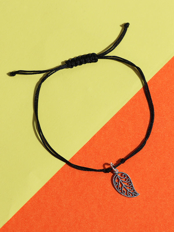 Black Thread Tribal Inspired Anklet With 925 Sterling Silver Oxidised Leaf Charms
