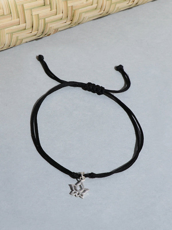 Black Thread Tribal Inspired Anklet With 925 Sterling Silver Lotus Charms