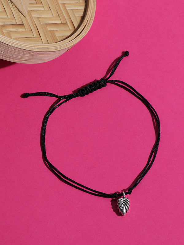Black Thread Tribal Inspired Anklet With 925 Sterling Silver Broad Leaf Charms