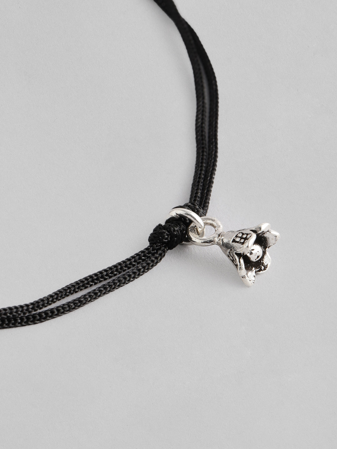 Black Thread Tribal Inspired Anklet With 925 Sterling Silver Flower Charms