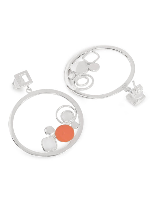 silver hoops earrings with orange enamel