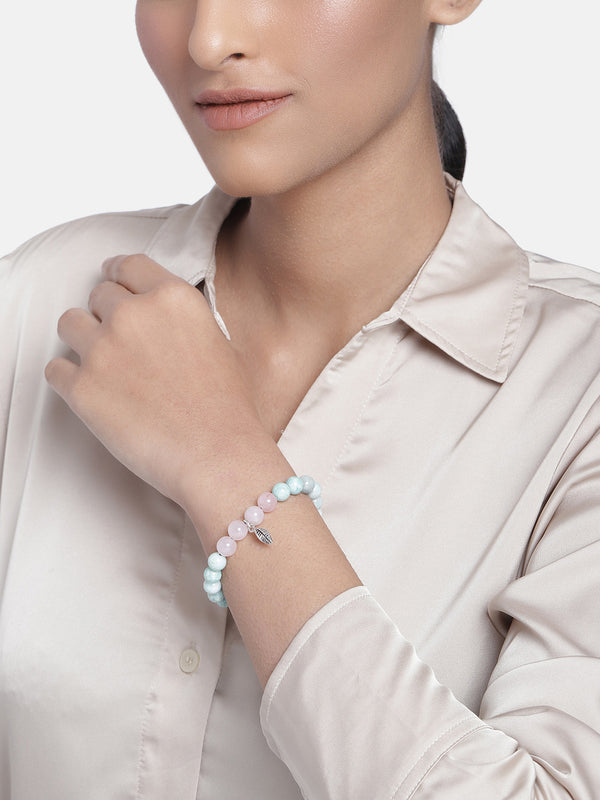 Blue Pink Amazonite Quartz Bracelet with 925 Sterling Silver Twisted Leaf Charm