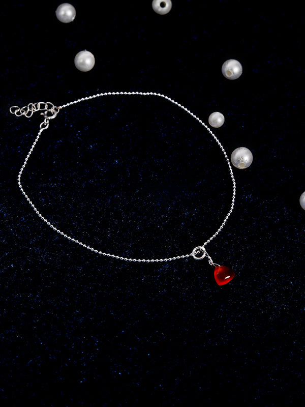 925 Sterling Silver Ball Chain Anklet with Carnelian Gemstone