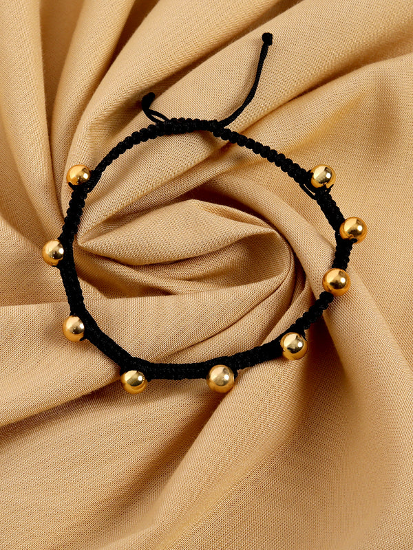 Twisted Black Thread Tribal Inspired Anklet With Golden Balls