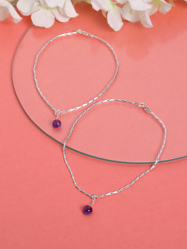 Statement Anklet in 925 Sterling Silver with Round Amethyst Gemstone