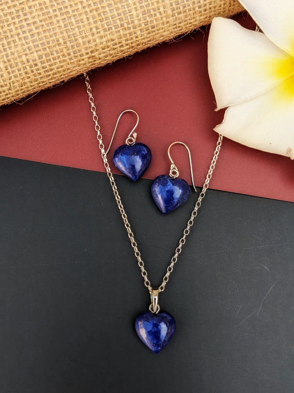Lapis Lazuli Heart Pendant and Earrings in 925 Sterling Silver- Set