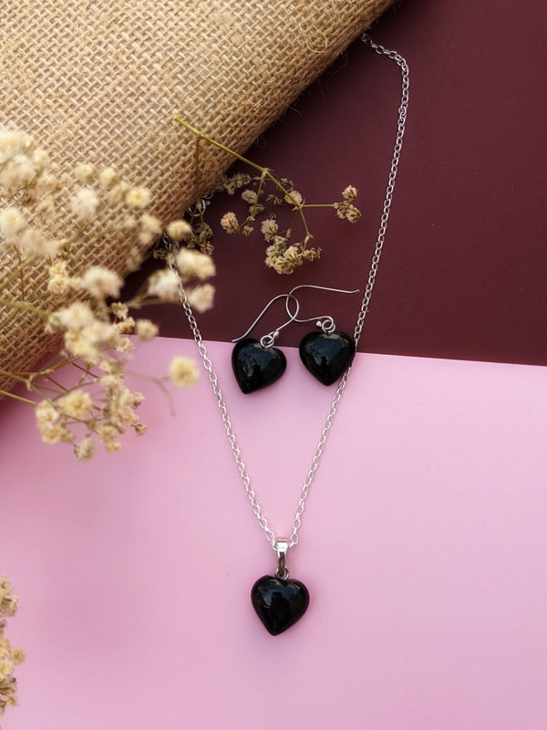 Black Onyx Heart Pendant and Earrings in 925 Sterling Silver- Set