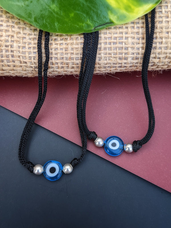 925 Sterling Silver Beads Evil Eye Black Thread Anklet- Blue