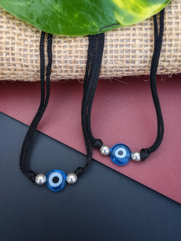 925 Sterling Silver Beads Evil Eye Black Thread Anklet- Blue- Pair of Two