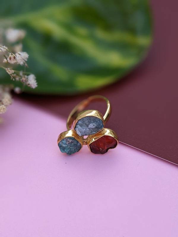 Adjustable 925 Sterling Silver Ring with Carnelian and Aquamarine in 22K gold plating