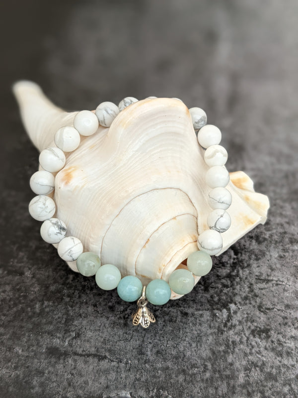 Amazonite and White Howlite Gemstone Bracelet with 925 Sterling Silver Flower Charm