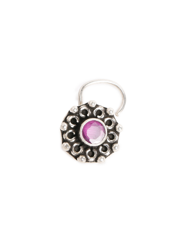 Oxidised Floral Nose Pin in 925 Sterling Silver with Pink Jade Stone